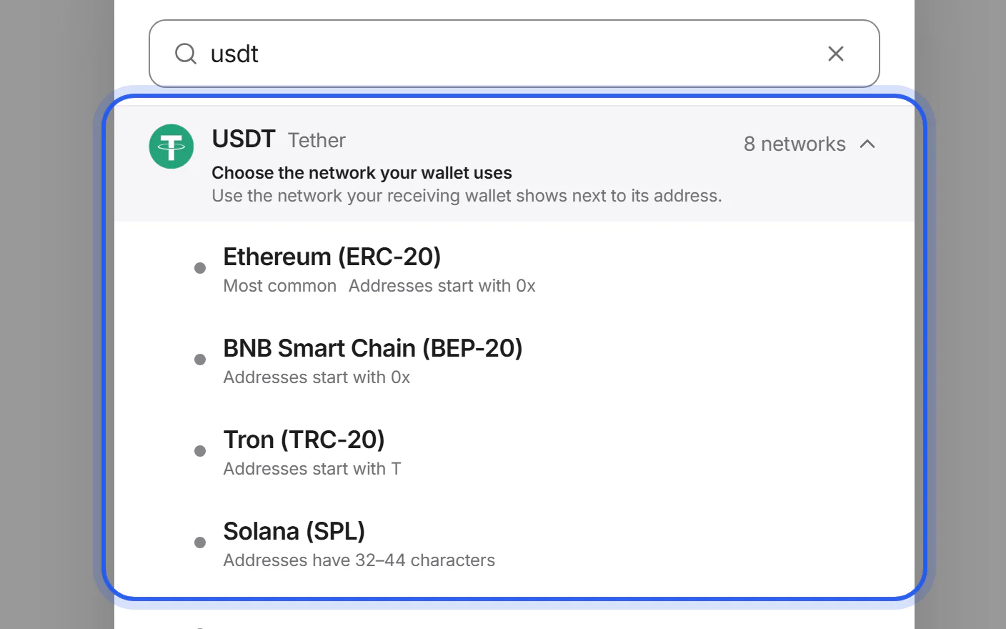 The coin list with USDT opened into its networks, each with a short hint.