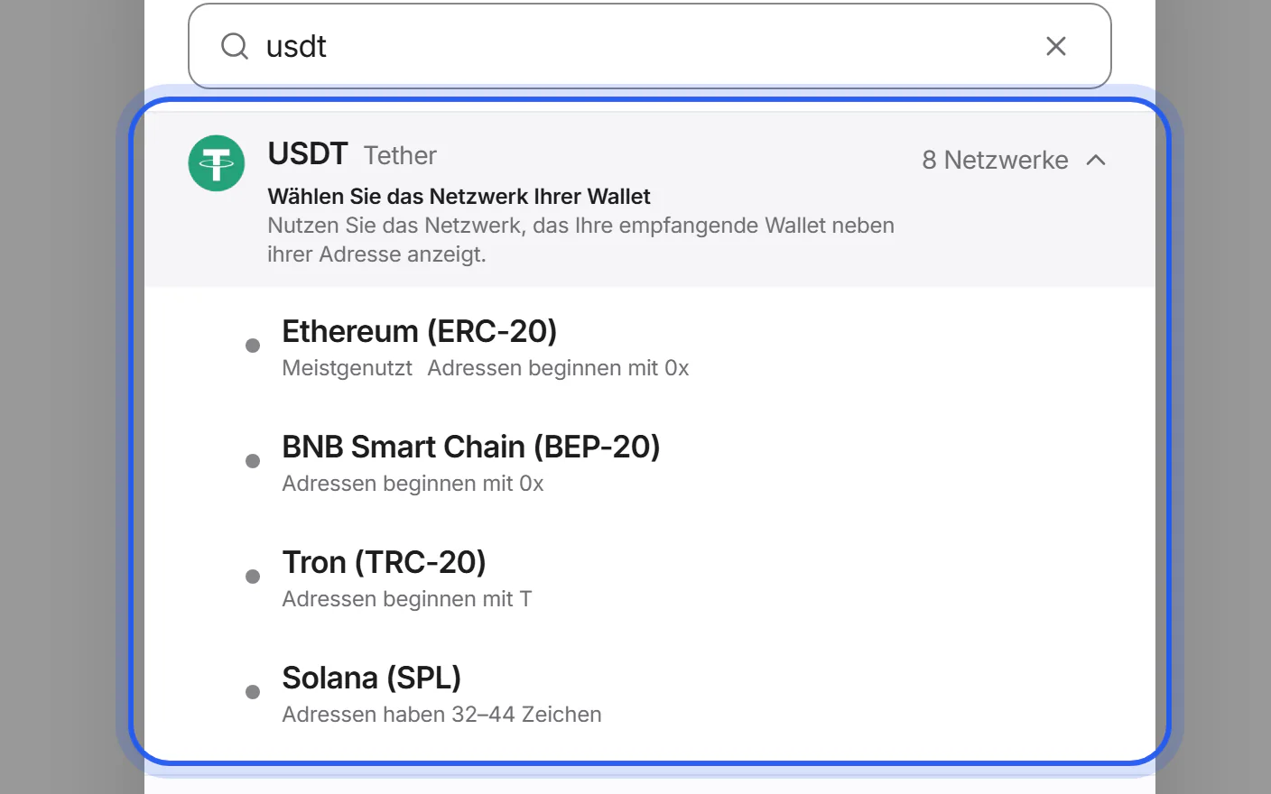 Die Coin-Liste mit USDT, aufgeklappt in seine Netzwerke, jeweils mit einem kurzen Hinweis.