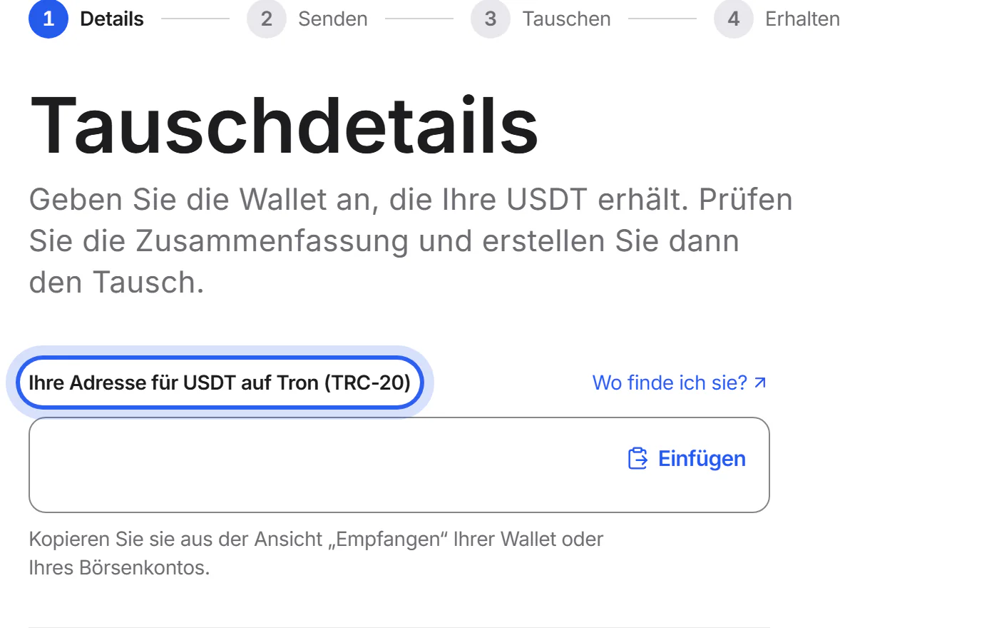 Die Seite „Tauschdetails“. Die Beschriftung des Adressfelds nennt den Coin und das Netzwerk.