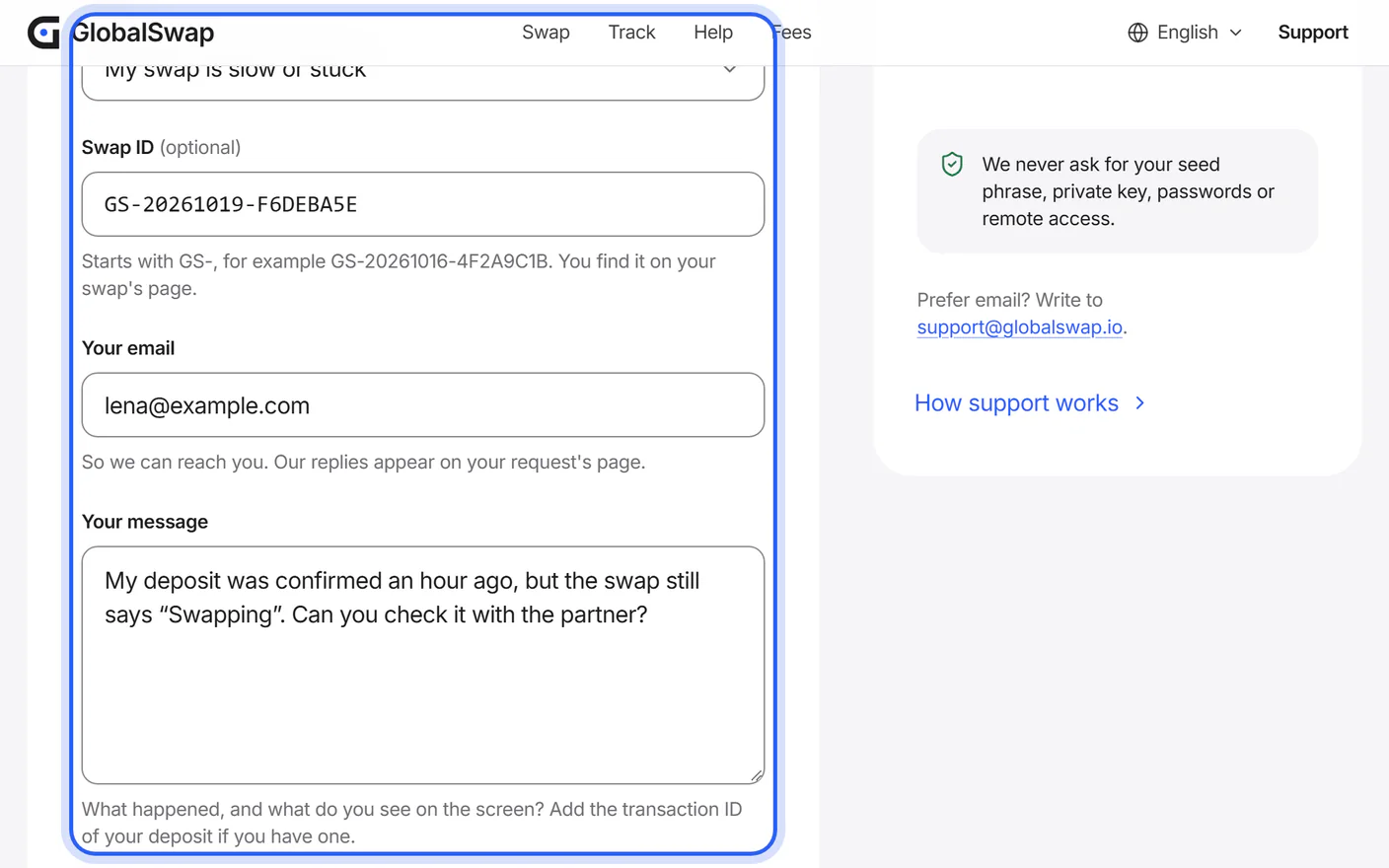 The support request form with topic, swap ID, email and message.