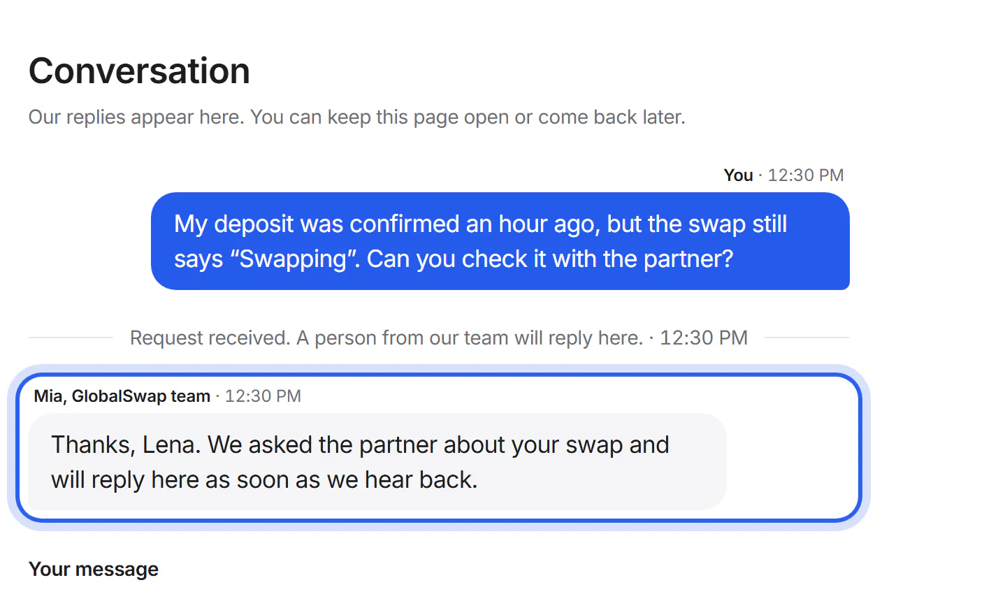 A reply from the support team on the request page.