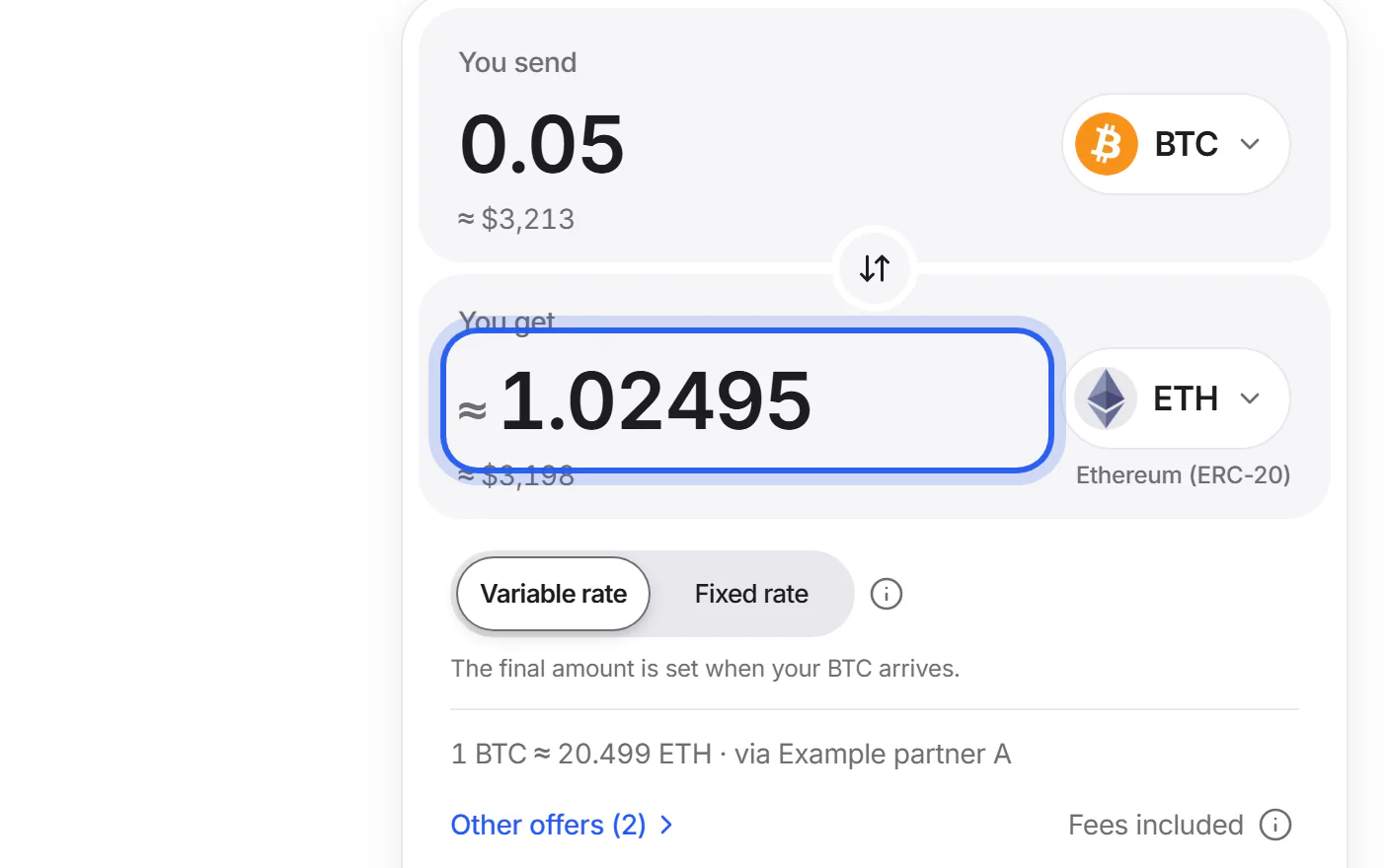 The swap card with the amount under “You get” highlighted.