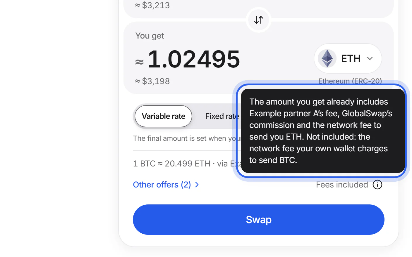 The swap card with the explanation under “Fees included” open.