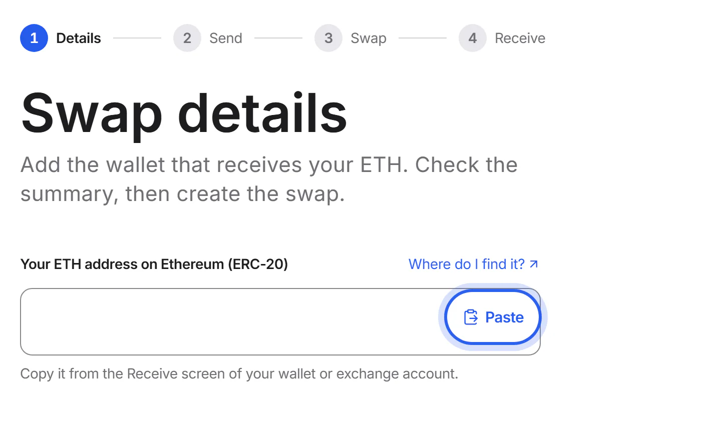 The Swap details page with the “Paste” button in the address field highlighted.