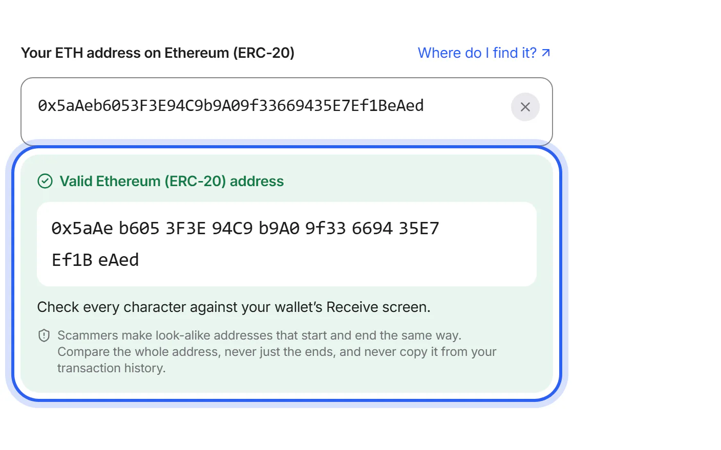 A valid address in groups of four characters, with a check mark and the network name.