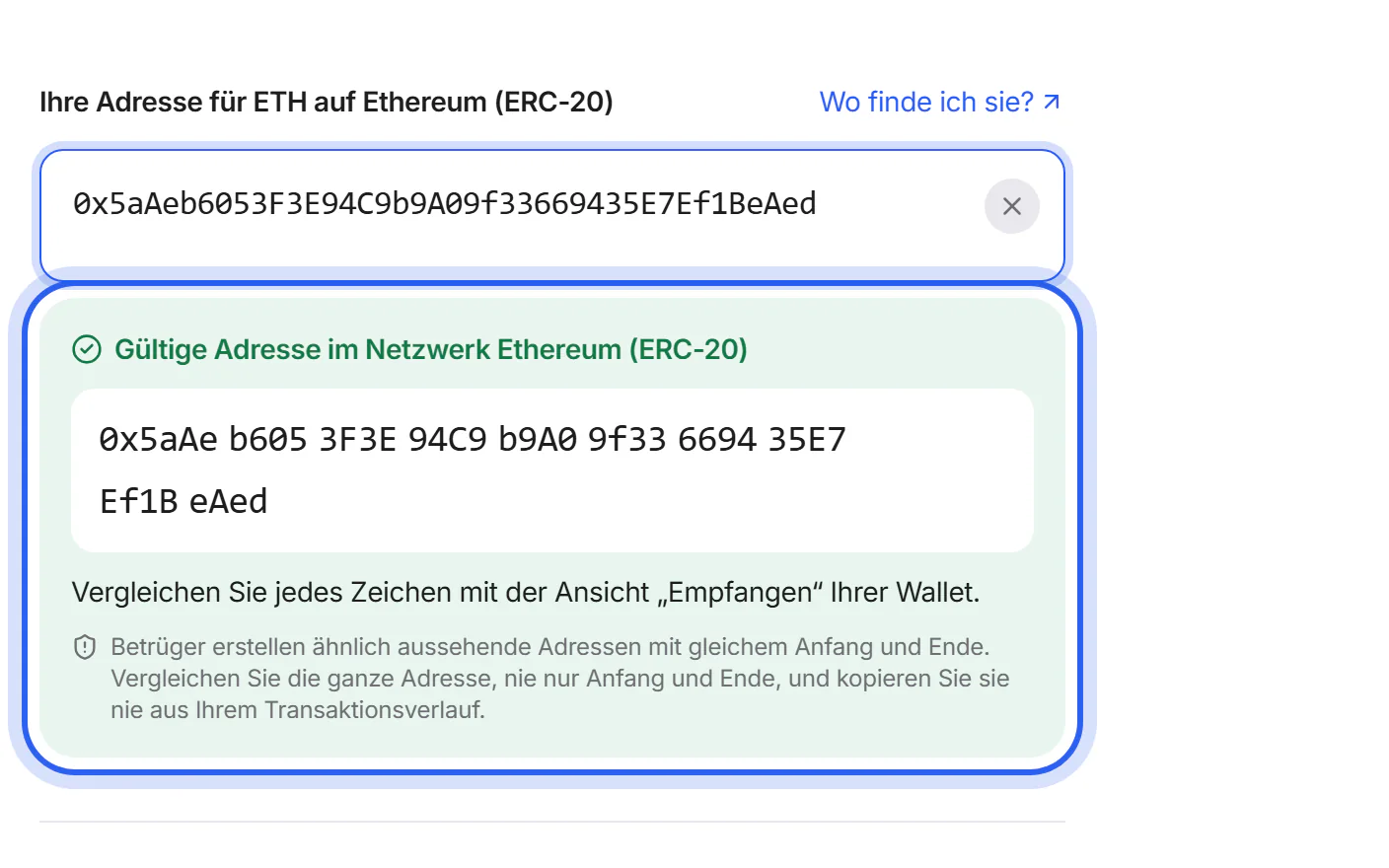 Eine gültige Adresse in Gruppen zu je vier Zeichen, mit einem Häkchen und dem Netzwerknamen.