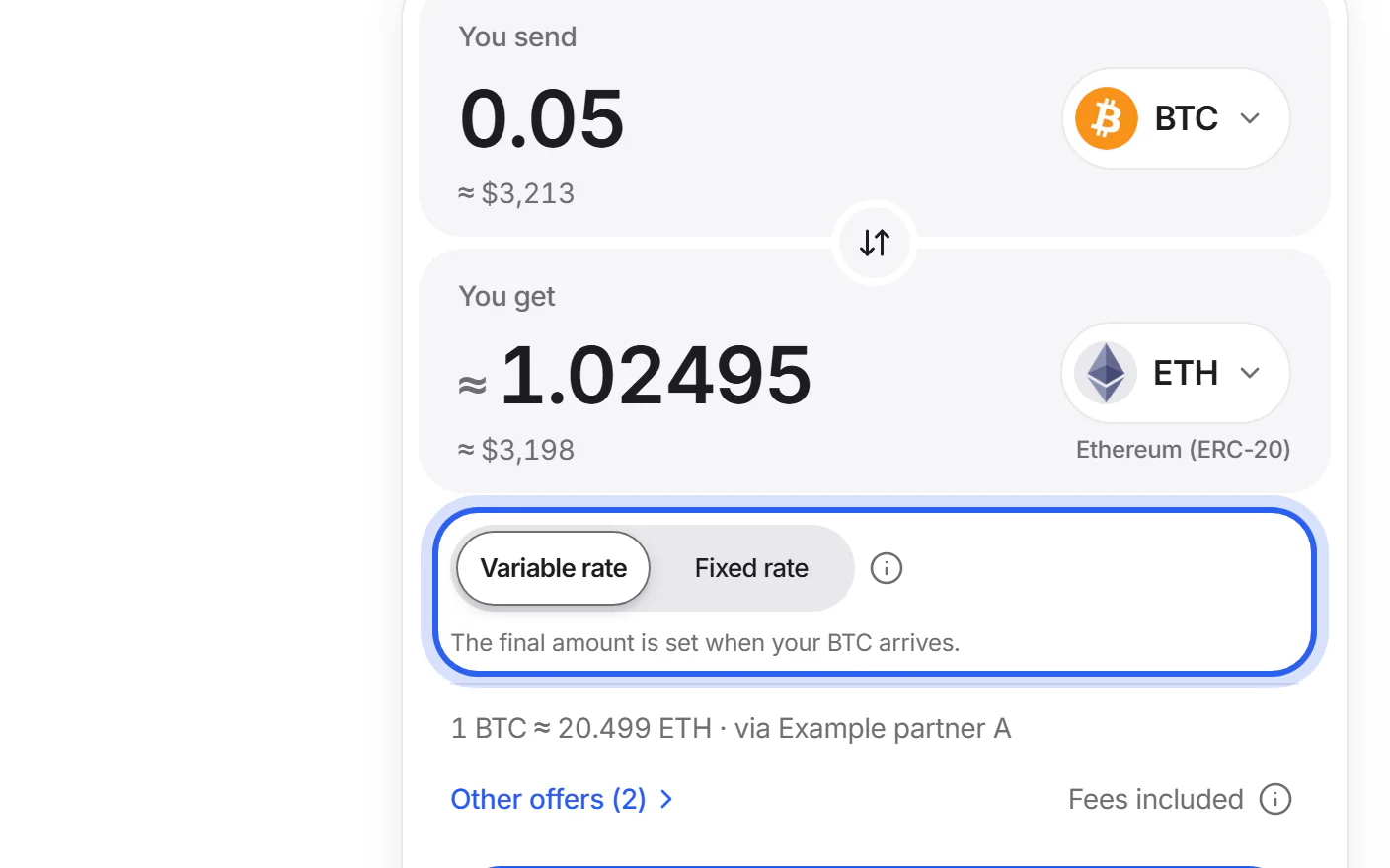The swap card with the control for the rate type highlighted.