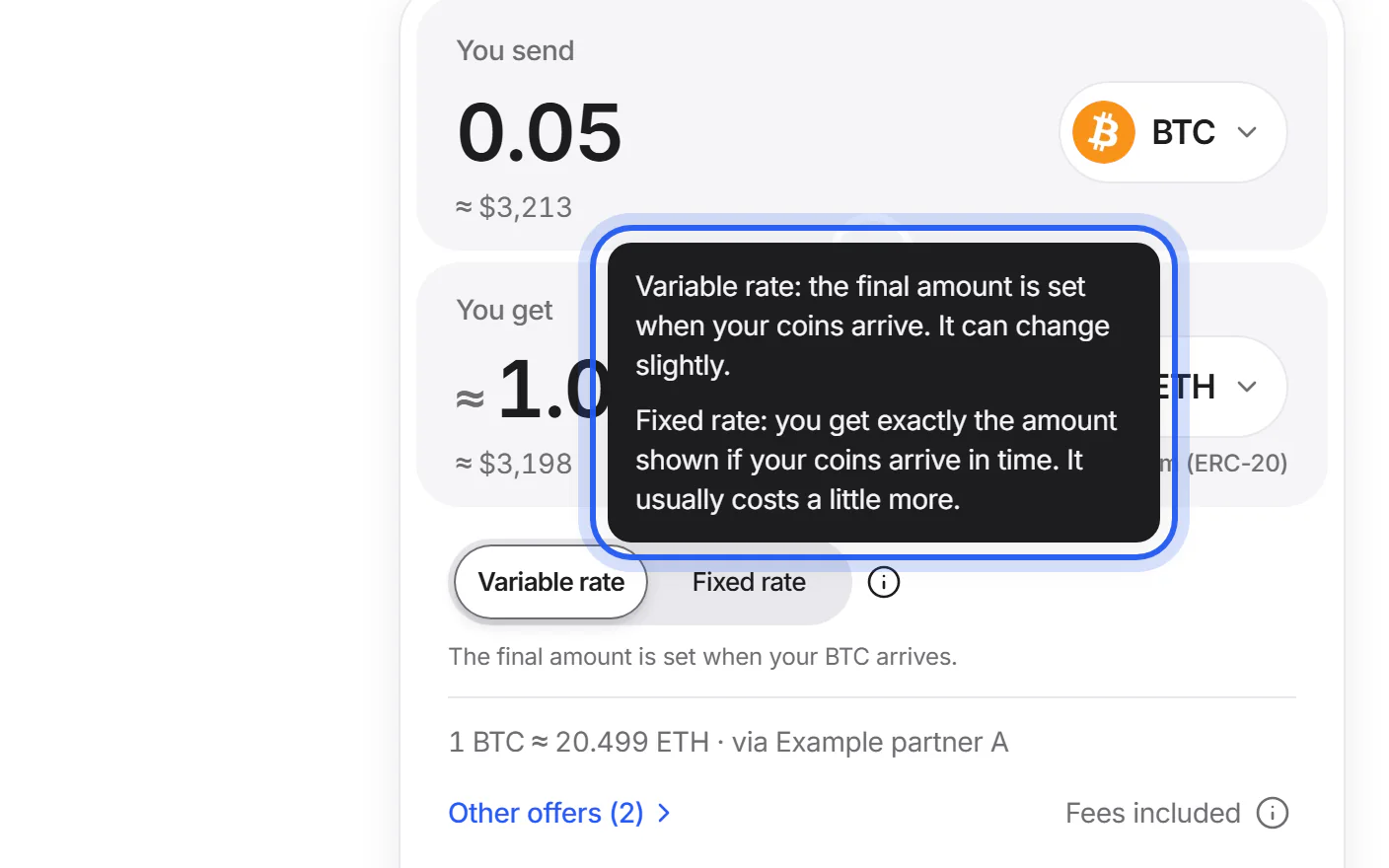 The swap card with the variable rate chosen and its explanation open.