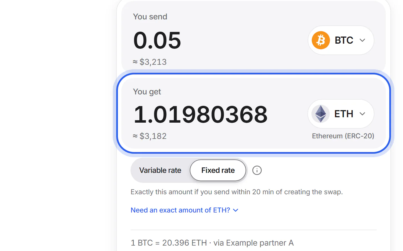 The swap card with the fixed rate chosen and the exact amount under “You get” highlighted.