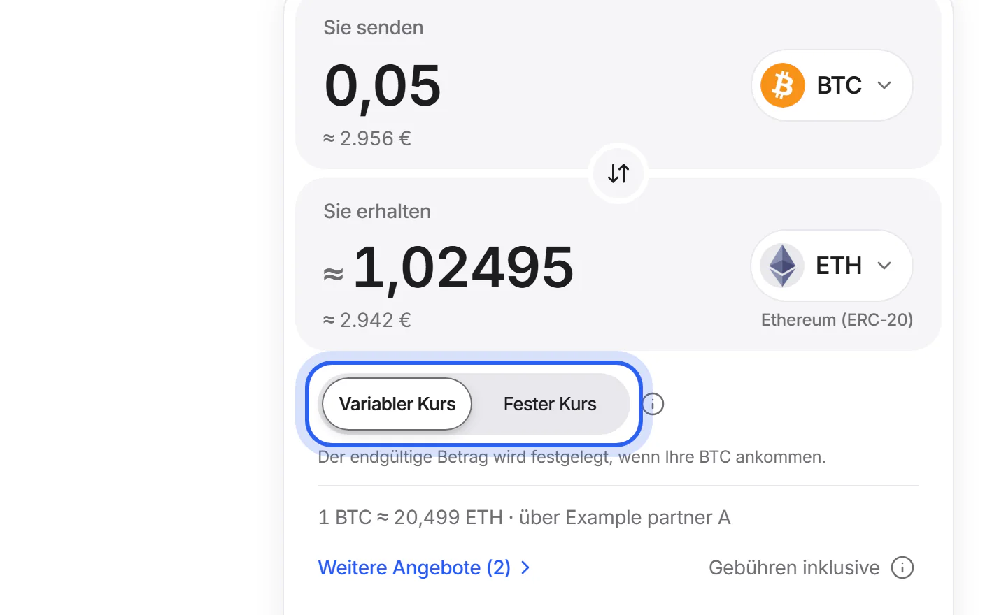 Das Tauschformular mit hervorgehobener Auswahl der Kursart.