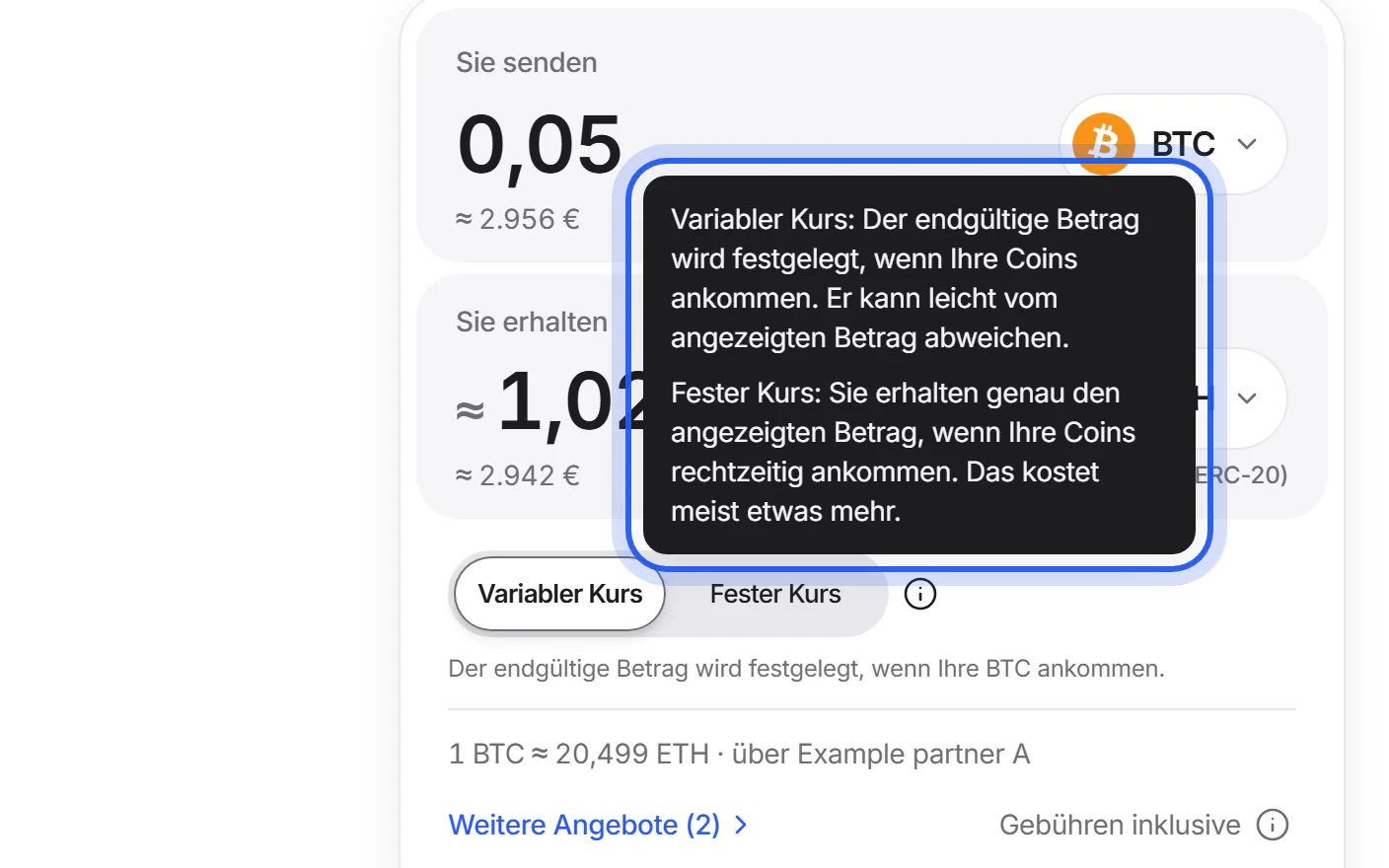 Das Tauschformular mit gewähltem variablem Kurs und geöffneter Erklärung.