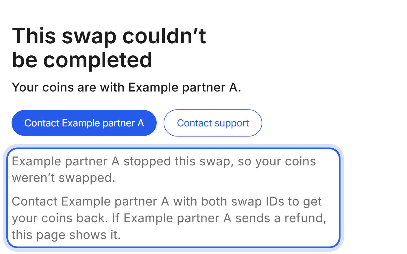A swap that couldn't be completed, with the partner's reason.