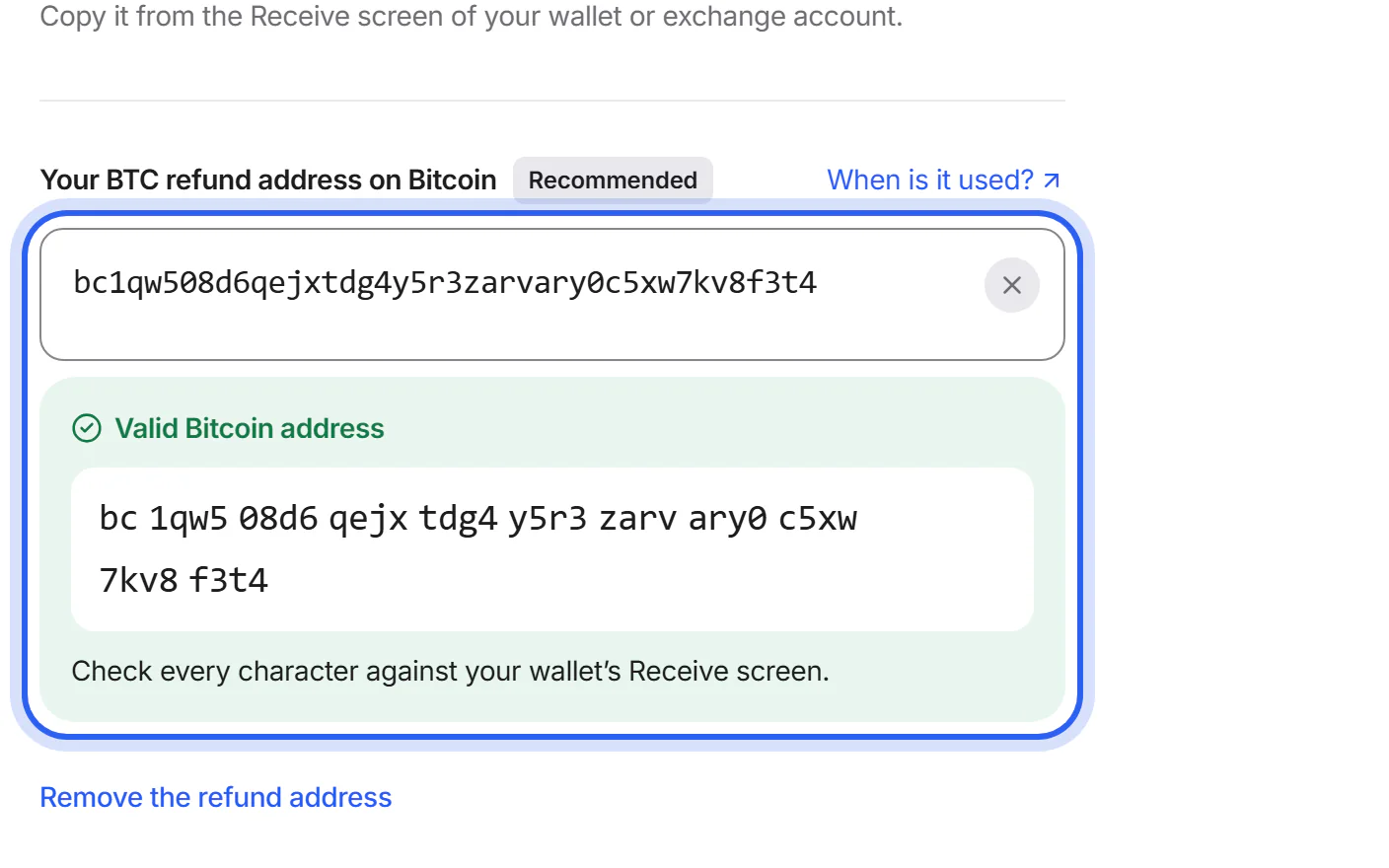 The Swap details page with the refund address field open and an address pasted.