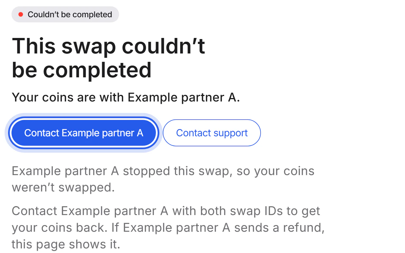 The failed swap with the button to contact the partner highlighted.