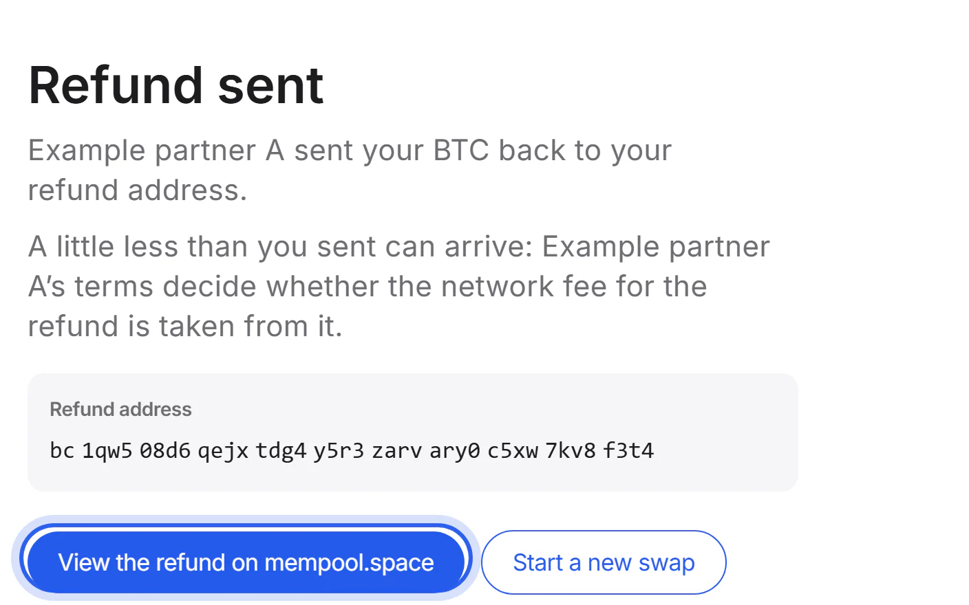 A refunded swap with the link to the refund transaction highlighted.