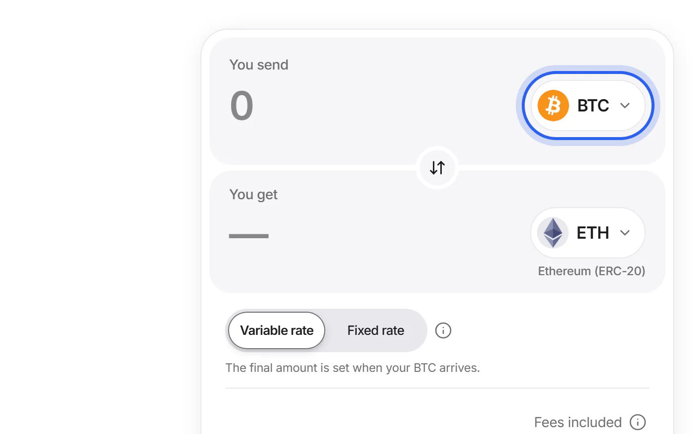The swap card on the home page. The coin button under “You send” is highlighted.