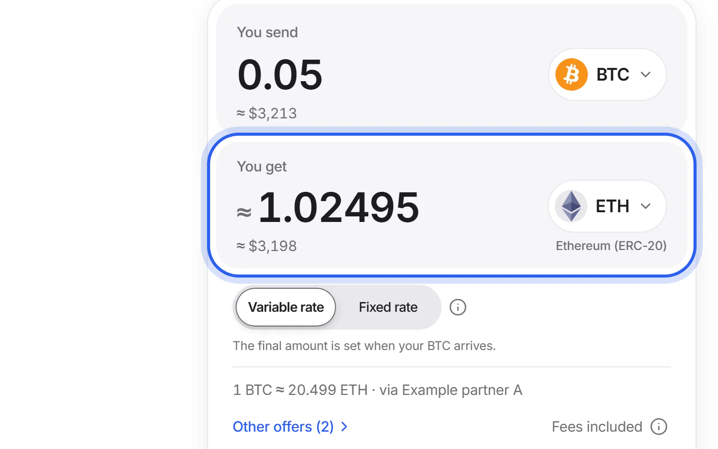 The swap card with BTC under “You send”, ETH under “You get” and the “Swap” button.