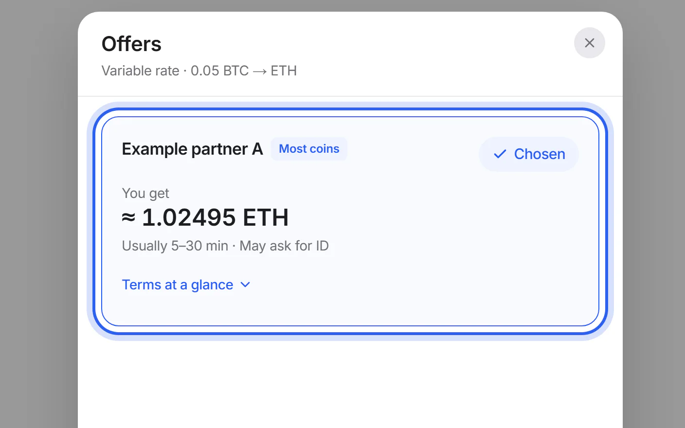 The swap card with the rate, the partner and the “Other offers” link.