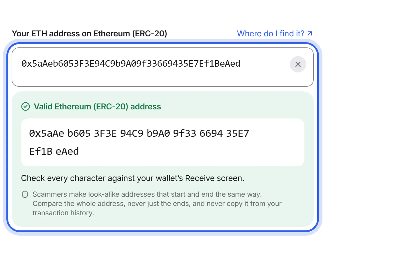 The Swap details page with the receiving address and the “Create swap” button.