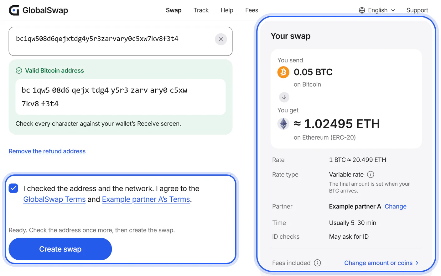 The summary of the Swap details page with the checkbox and the “Create swap” button.