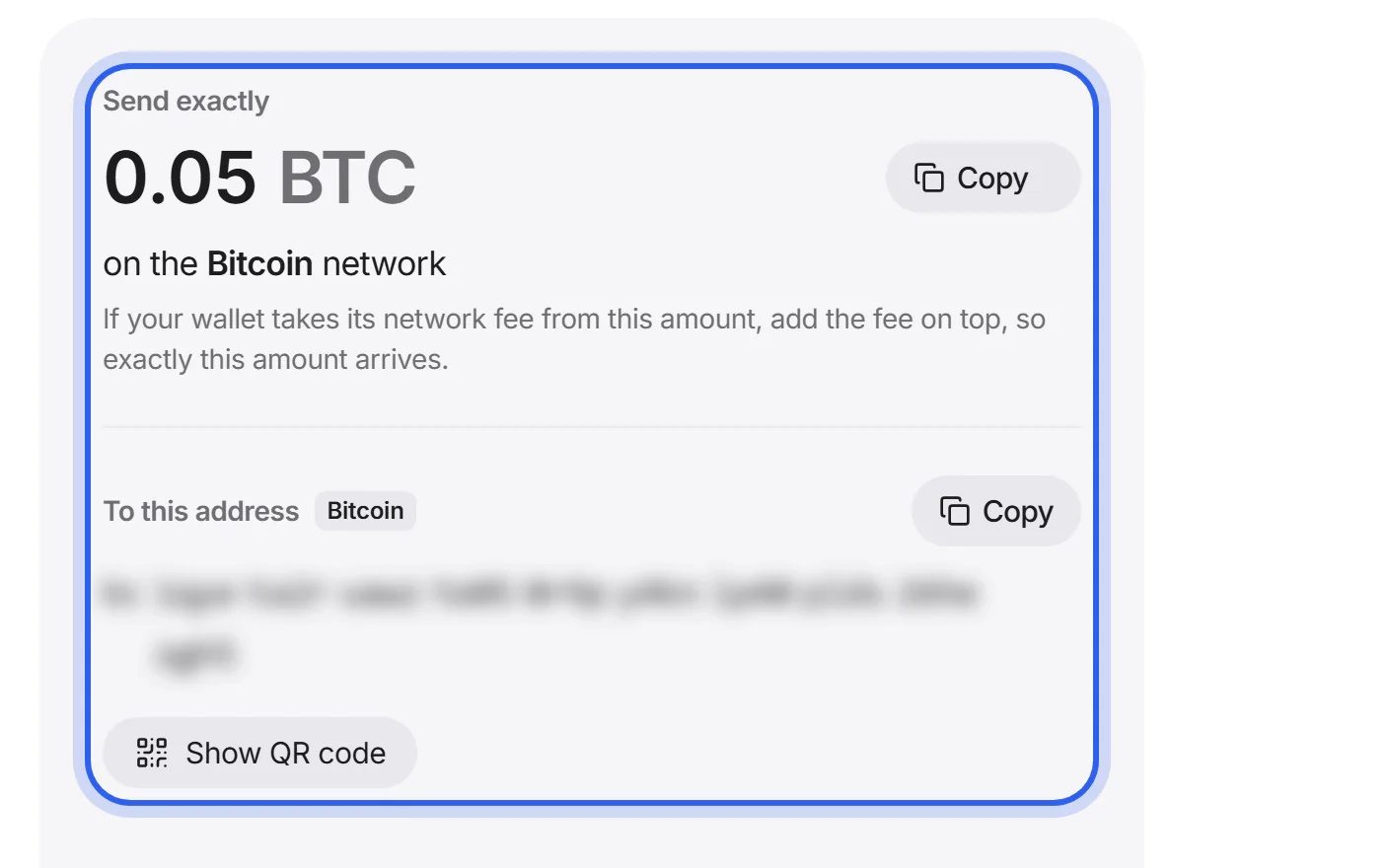The Send screen with the amount, the network and the address to send to.