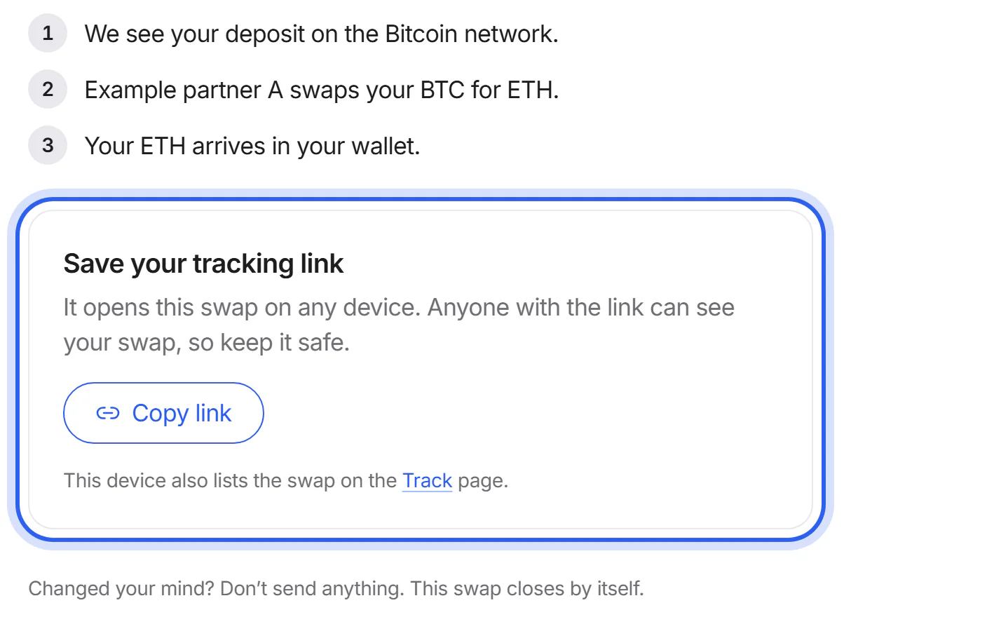 The “Save your tracking link” box with the “Copy link” button highlighted.