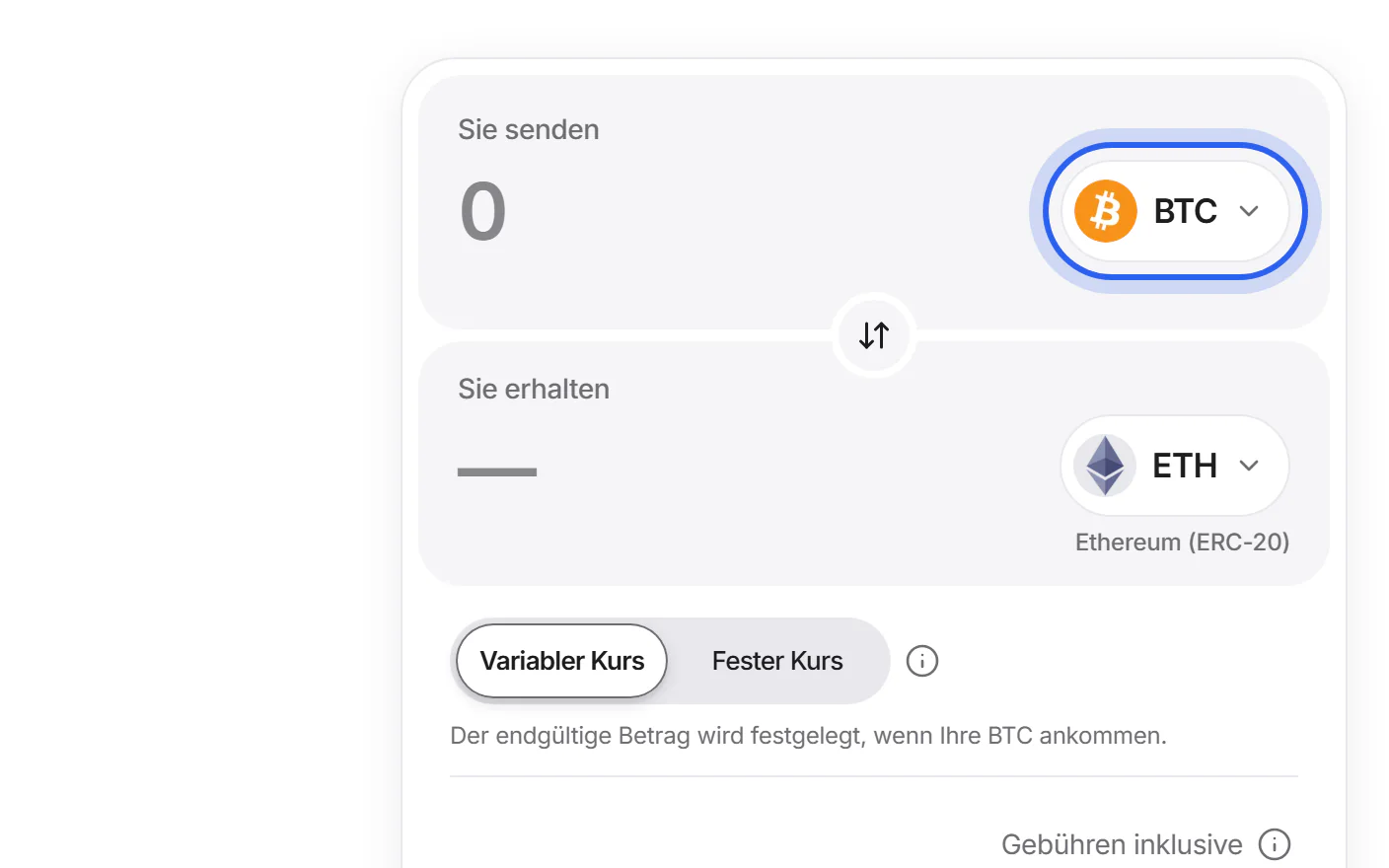 Das Tauschformular auf der Startseite. Die Coin-Schaltfläche unter „Sie senden“ ist hervorgehoben.