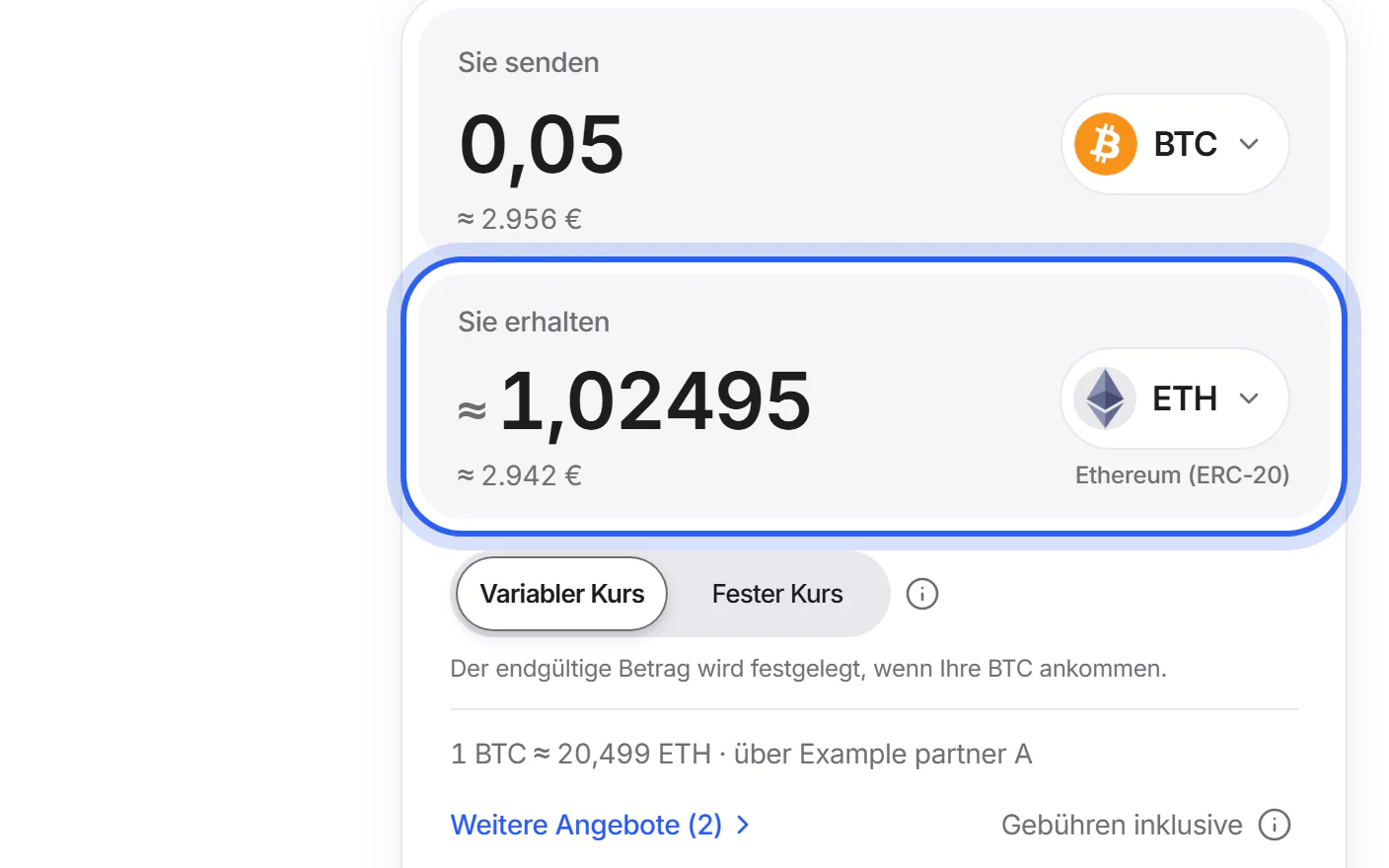 Das Tauschformular mit BTC unter „Sie senden“, ETH unter „Sie erhalten“ und der Schaltfläche „Tauschen“.