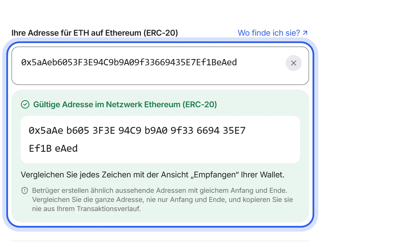 Die Seite „Tauschdetails“ mit der Empfangsadresse und der Schaltfläche „Tausch erstellen“.