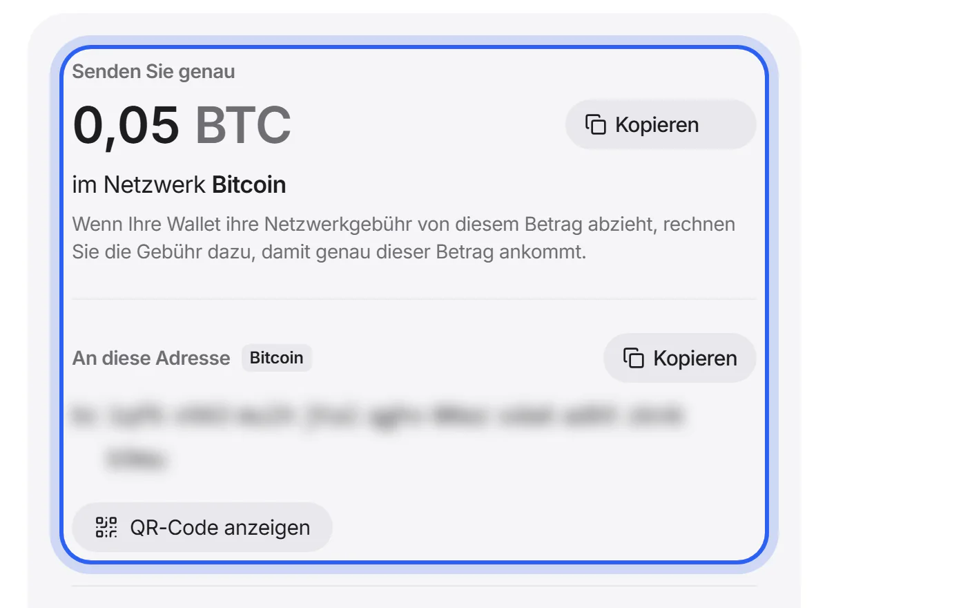 Die Ansicht „Senden“ mit dem Betrag, dem Netzwerk und der Adresse zum Senden.