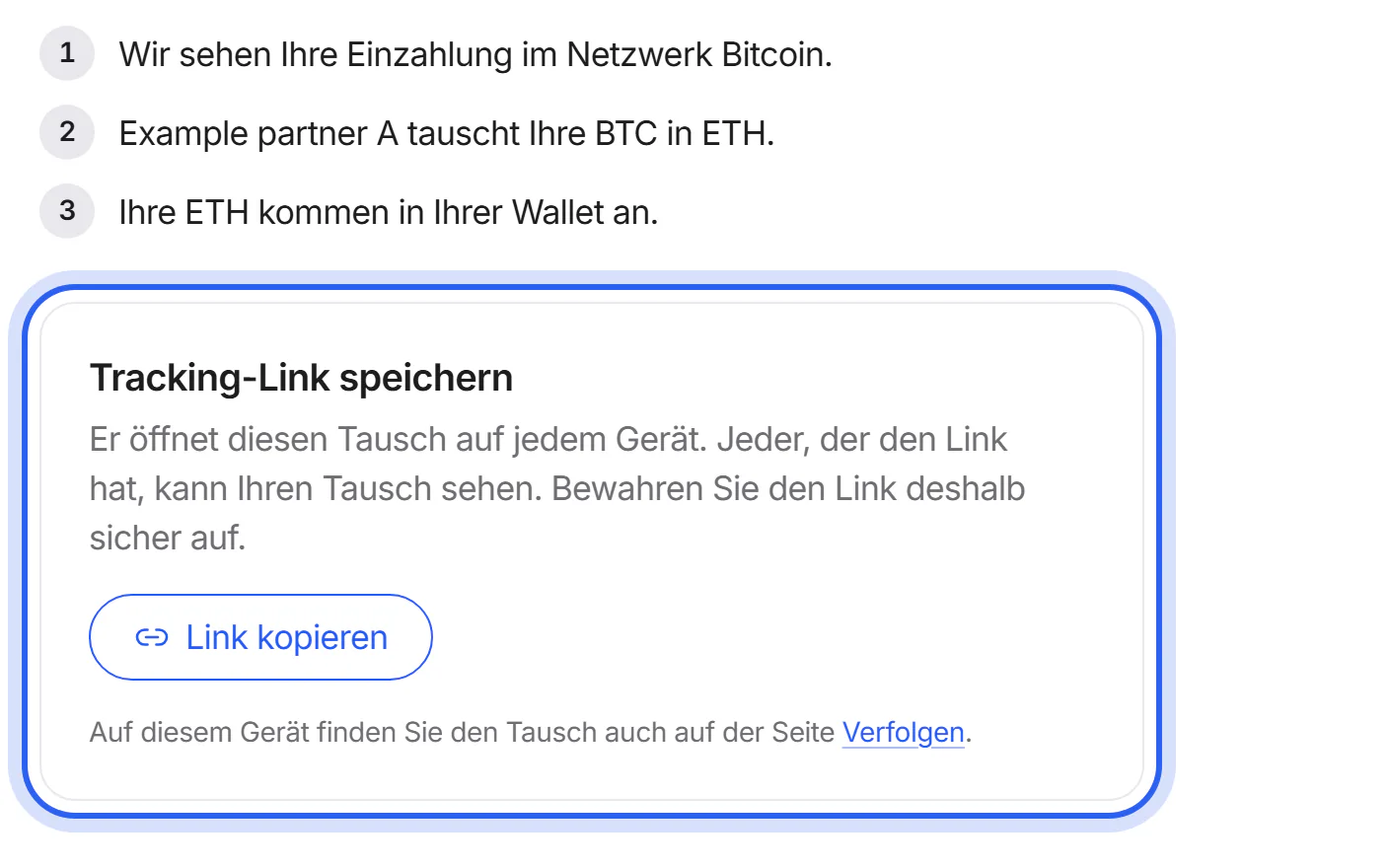 Der Bereich „Tracking-Link speichern“ mit hervorgehobener Schaltfläche „Link kopieren“.