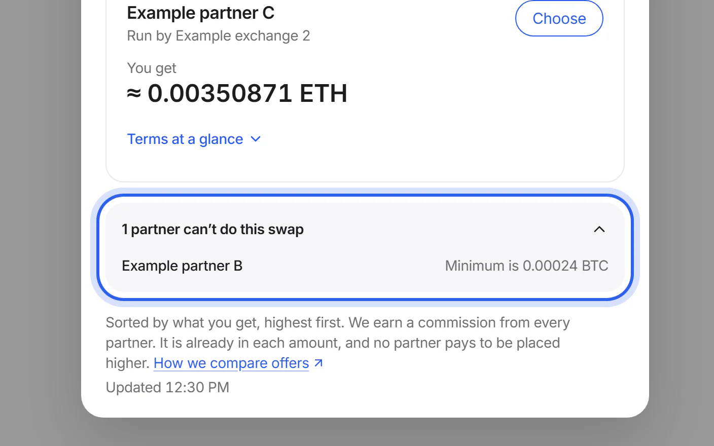 The “Other offers” list with the group of partners that can't do this swap opened.