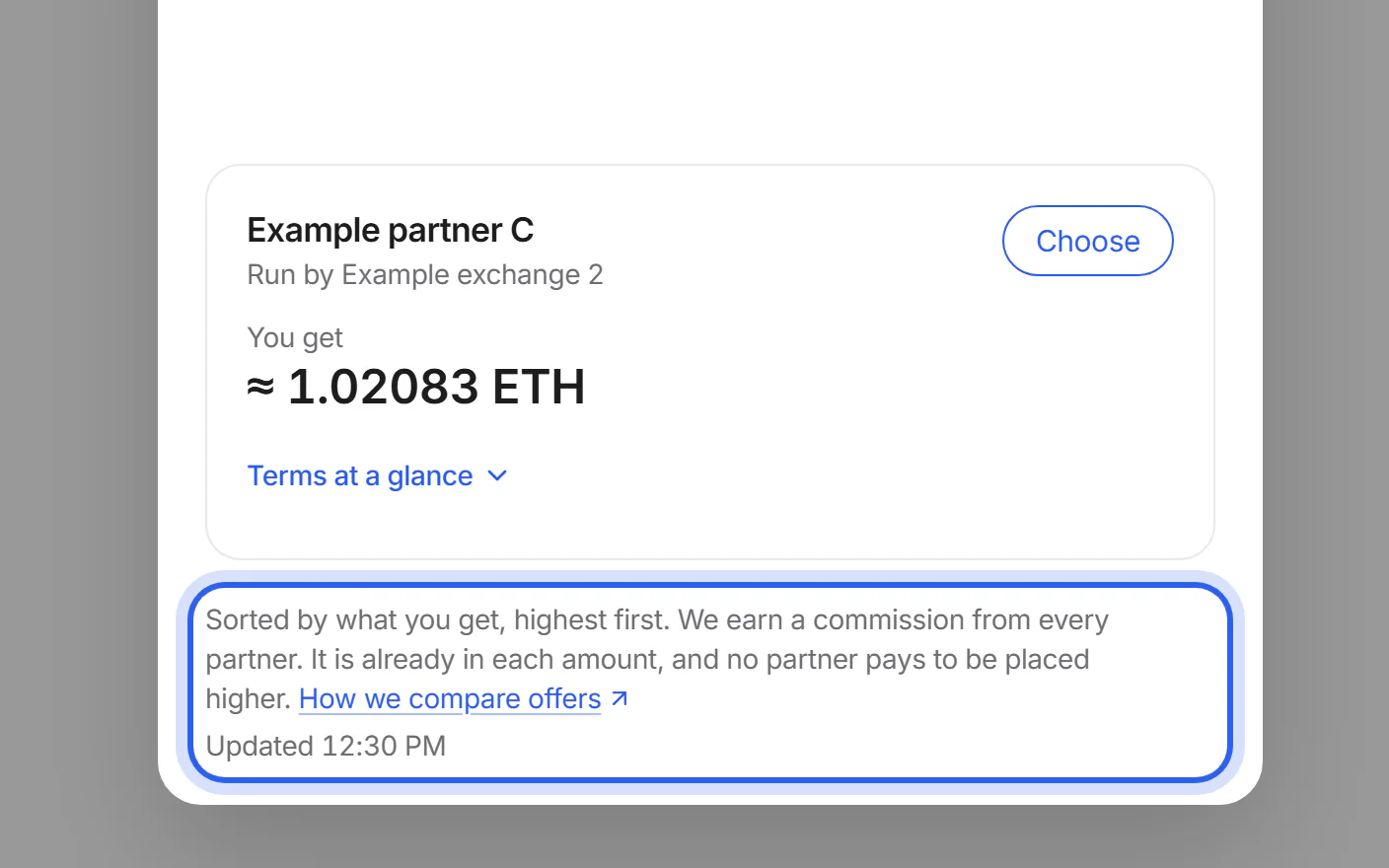 The offer list sorted by amount, with the note on ranking below it.