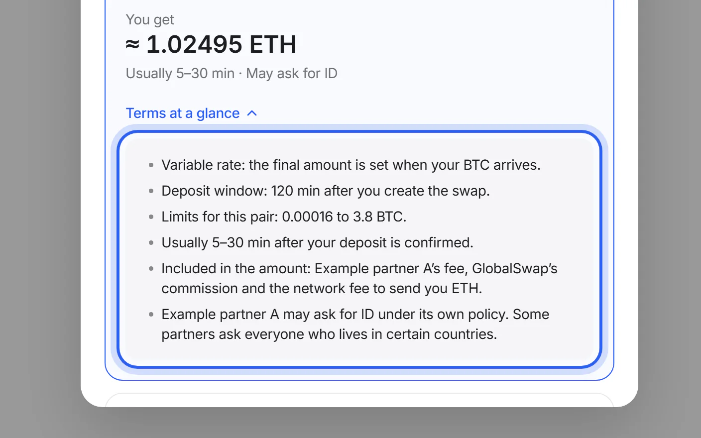 An offer with “Terms at a glance” opened.