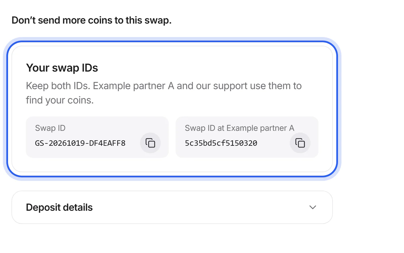 The swap IDs at the top of the swap page, each with a Copy button.