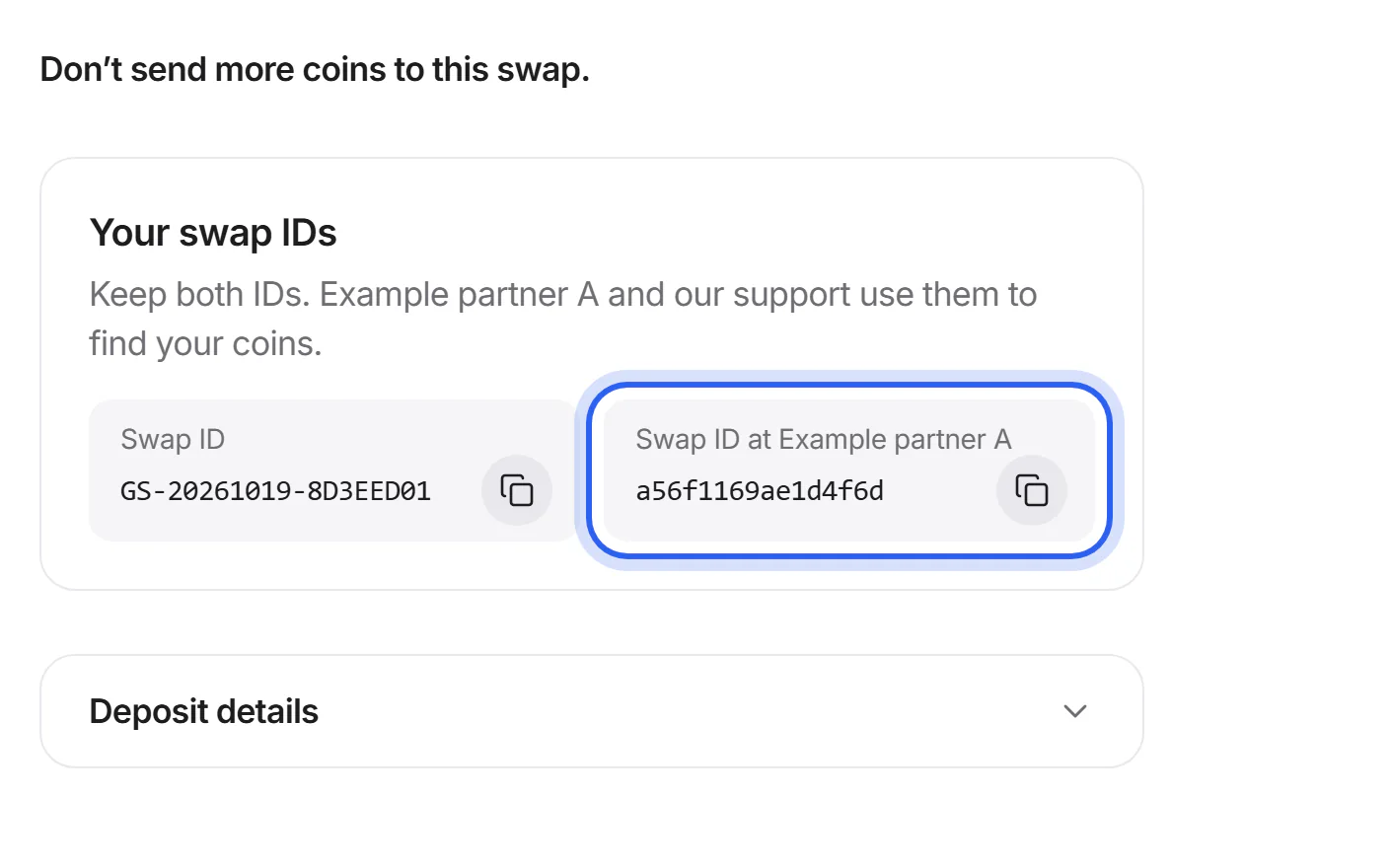 The top of the paused swap with the partner's swap ID and its Copy button highlighted.
