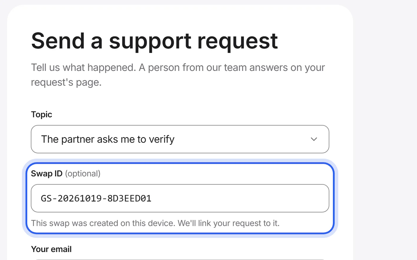 The support request form opened from the paused swap, with the swap ID filled in.