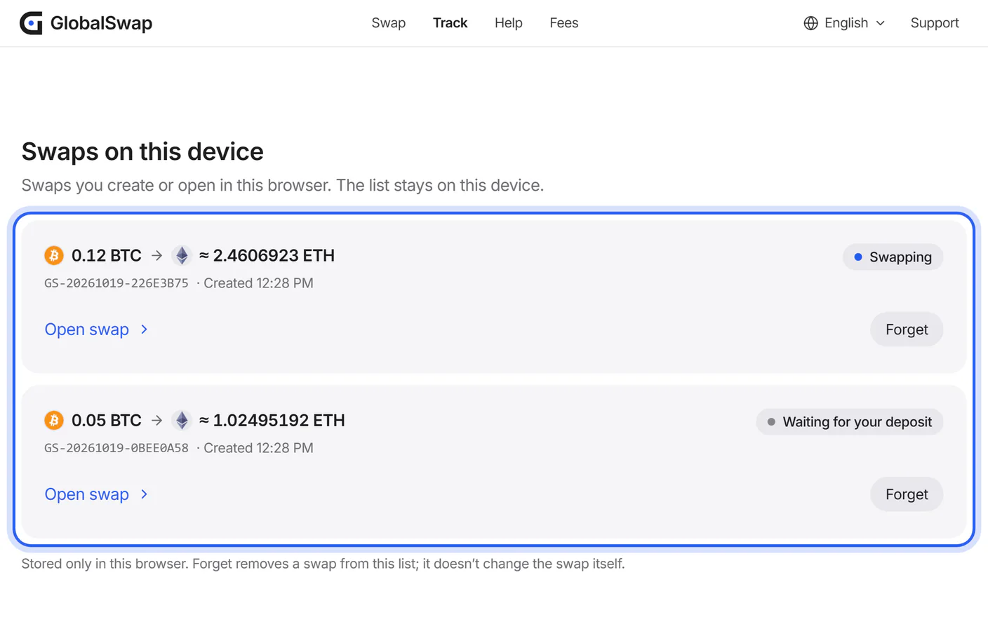 The Track page with the list “Swaps on this device” highlighted.