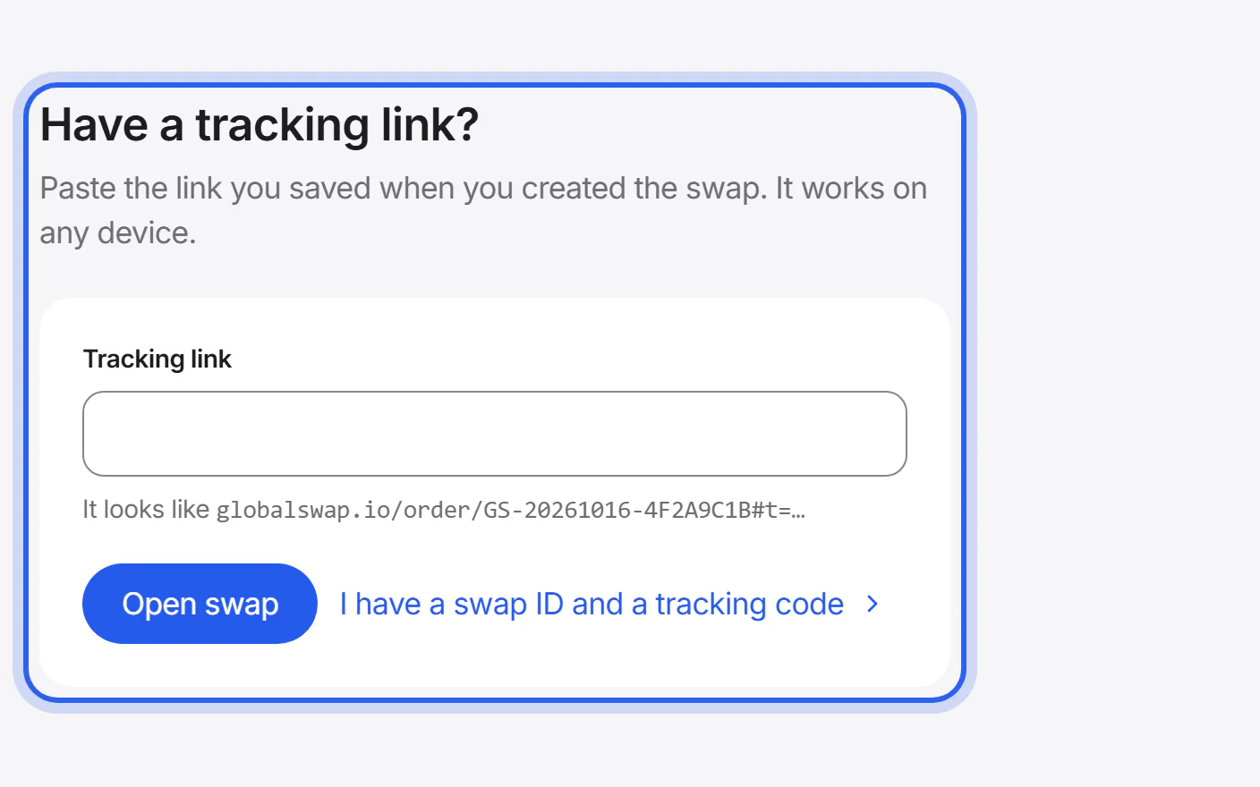 The Track page with the field “Have a tracking link?” highlighted.