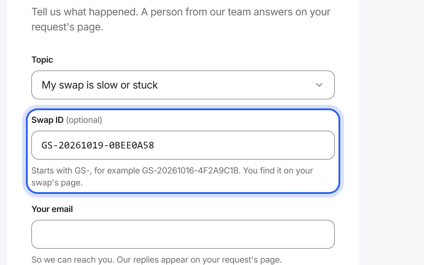 The support request form with the topic and the swap ID filled in.