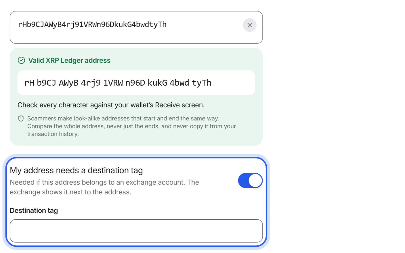 The Swap details page for XRP with the “Destination tag” field below the address.