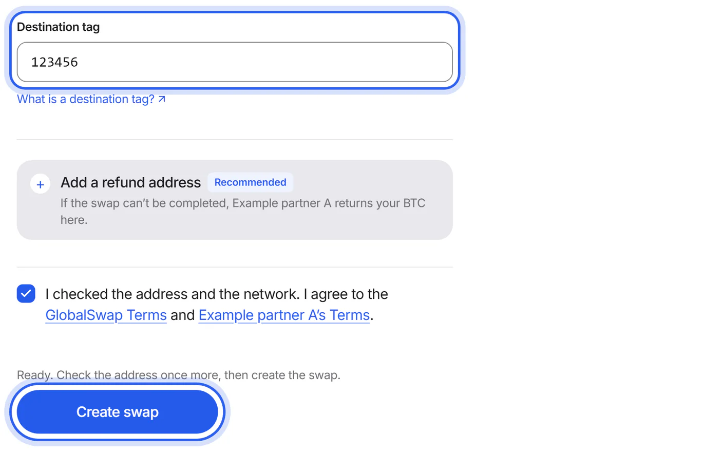 The Swap details page with the destination tag filled in, next to the “Create swap” button.