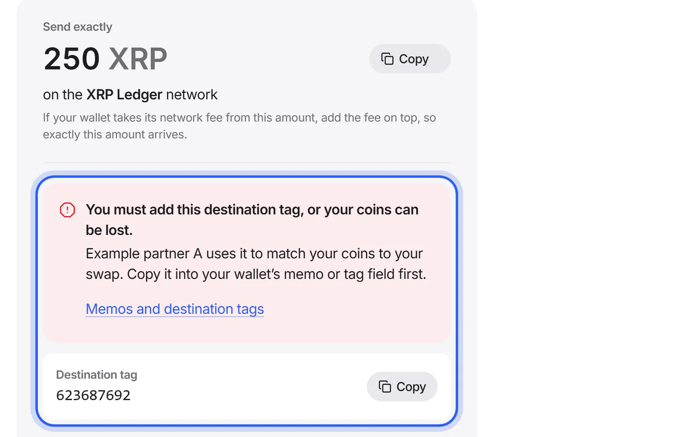 The Send screen with the memo block above the address to send to.