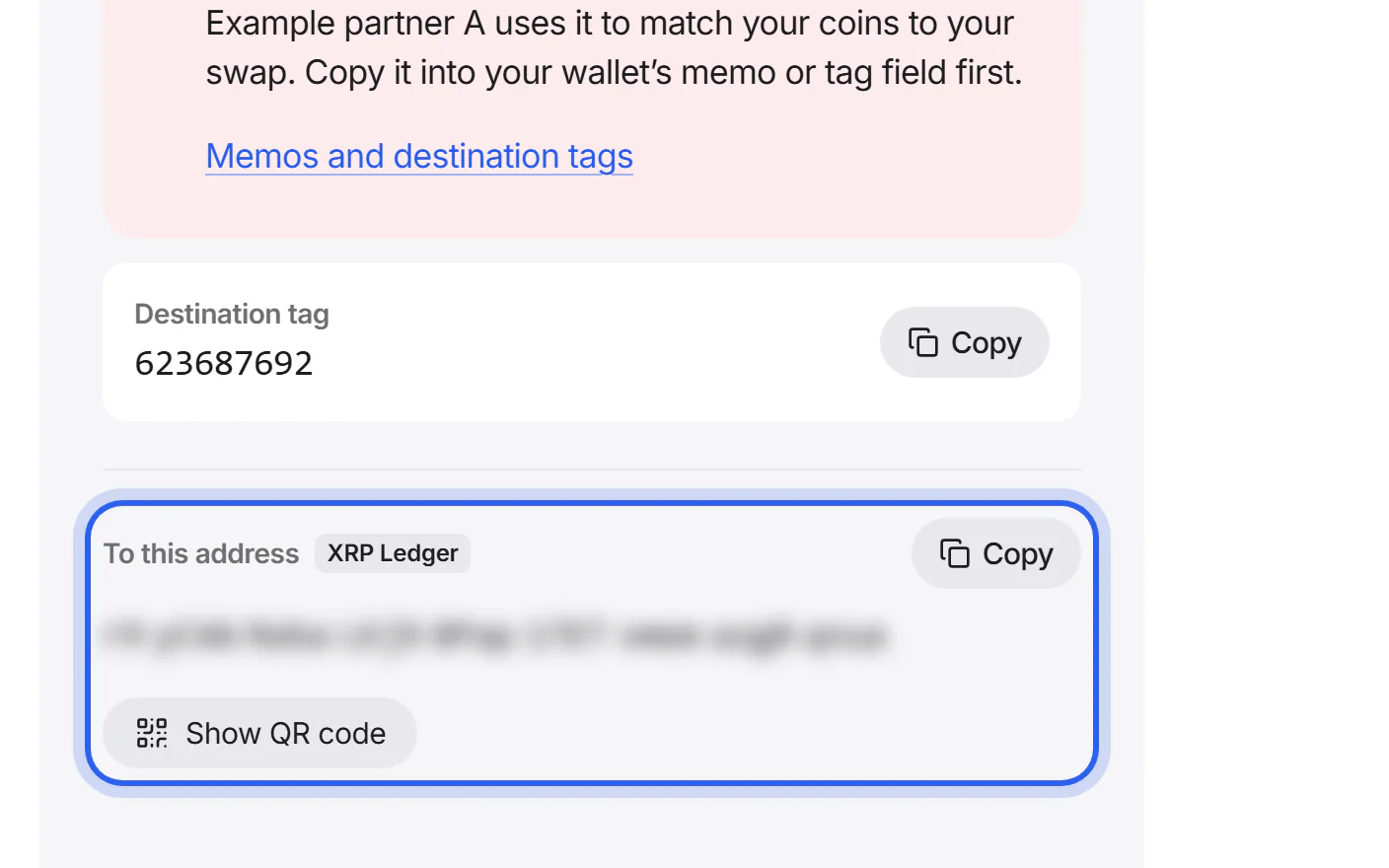 The Send screen with the address to send to and its Copy button highlighted.