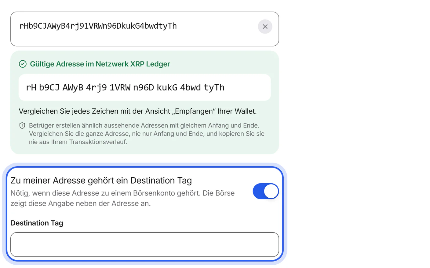 Die Seite „Tauschdetails“ für XRP mit dem Feld „Destination Tag“ unter der Adresse.