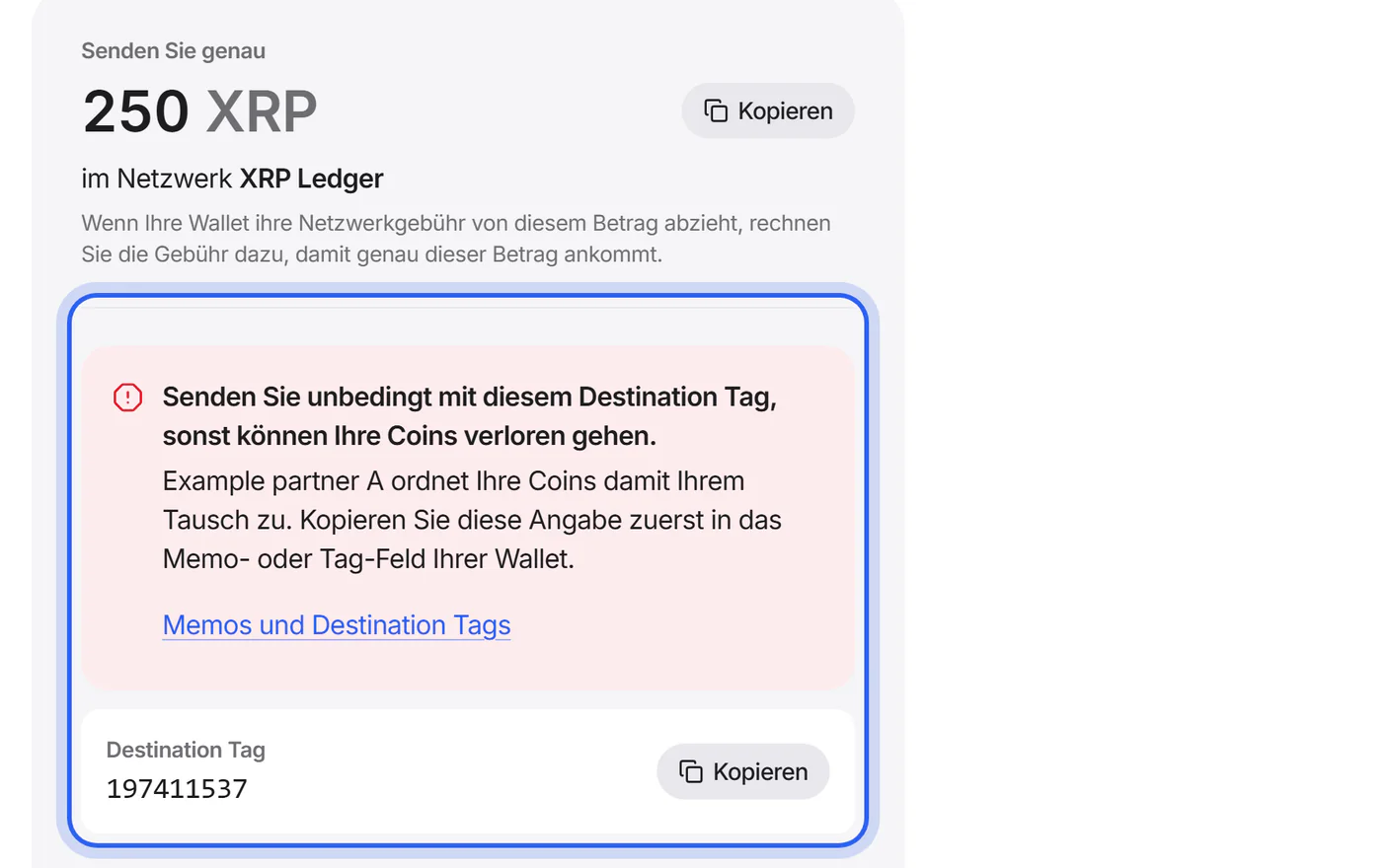 Die Ansicht „Senden“ mit dem Memo-Bereich über der Adresse zum Senden.