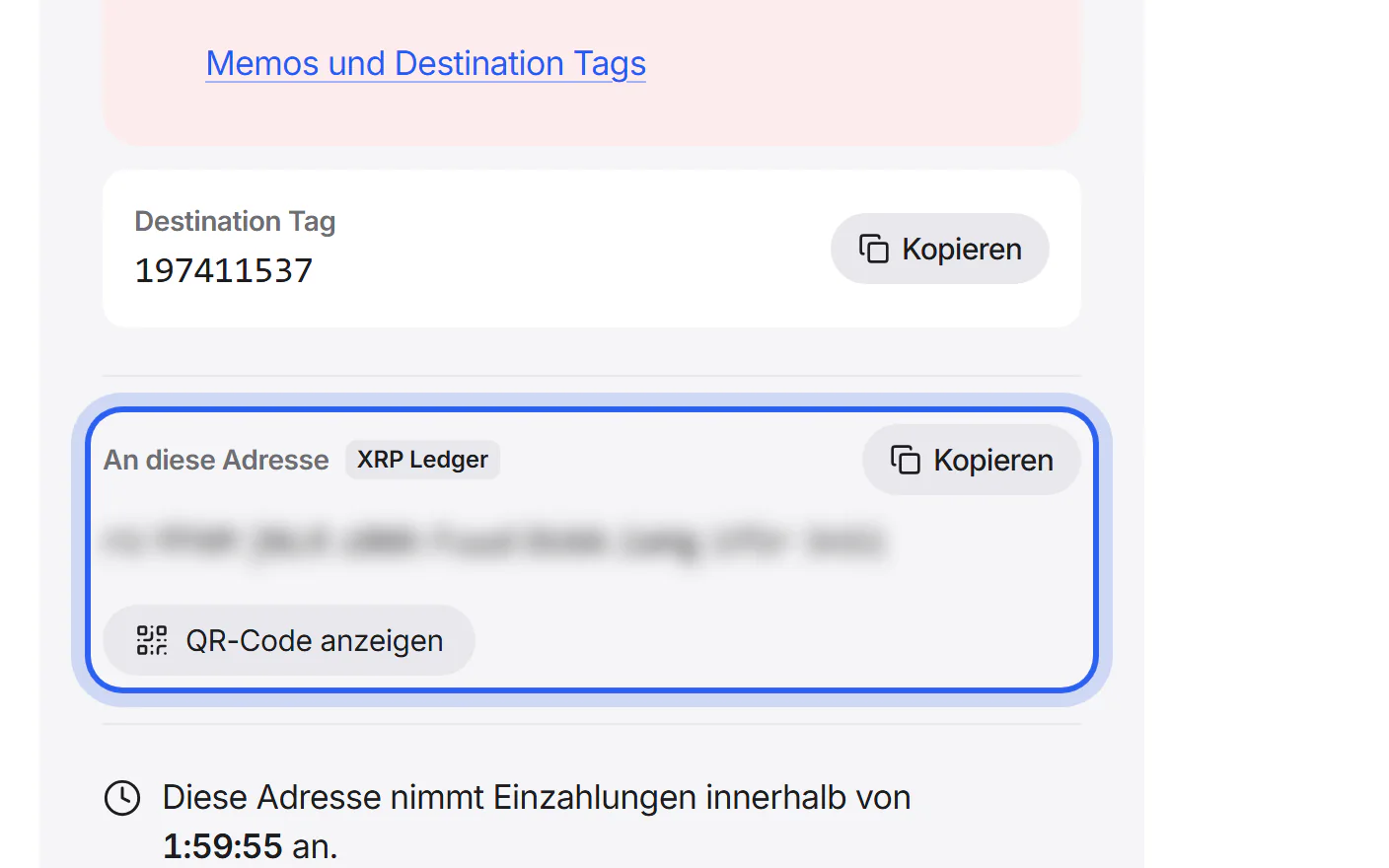 Die Ansicht „Senden“. Hervorgehoben sind die Adresse zum Senden und ihre Schaltfläche „Kopieren“.