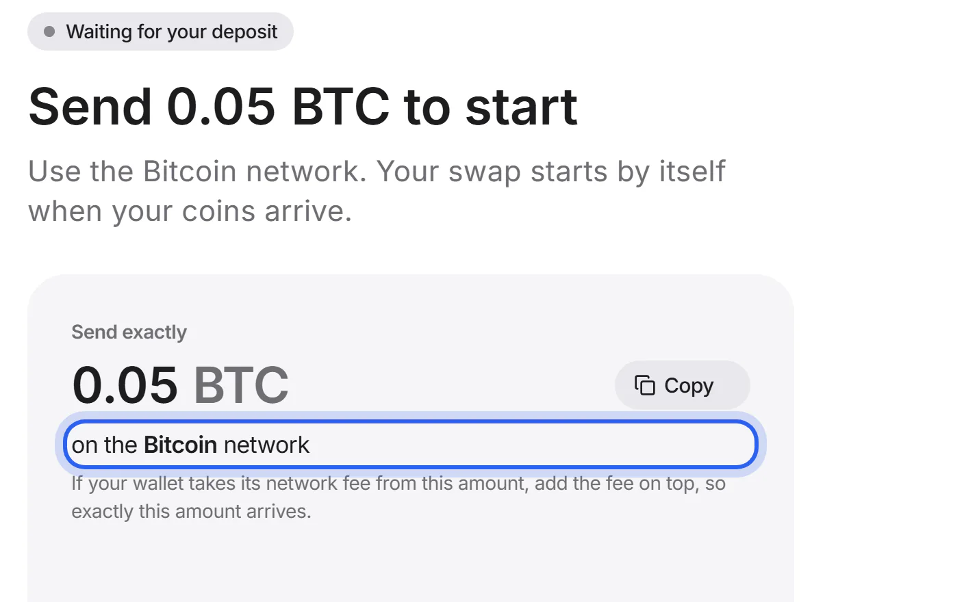 The Send screen with the network line next to the amount highlighted.