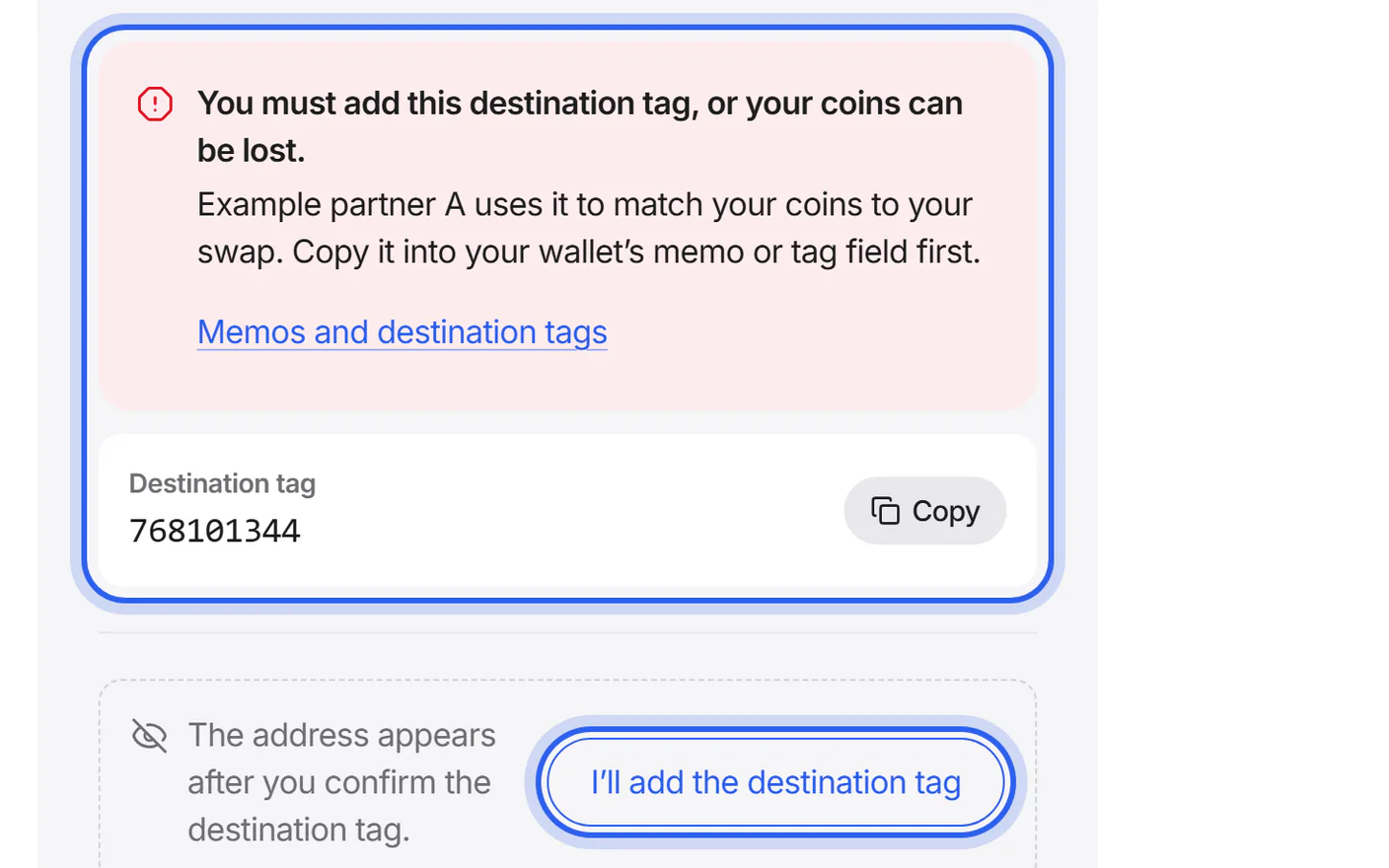 The Send screen for a coin that needs a memo, with the memo above the address.
