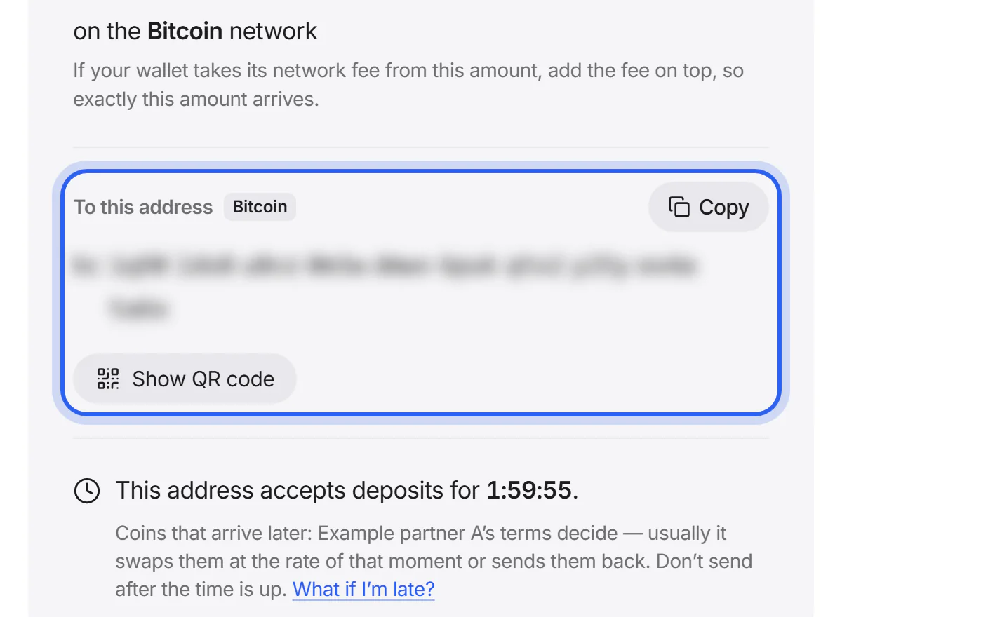 The address to send to in groups of four, with its Copy button and the “Show QR code” button.